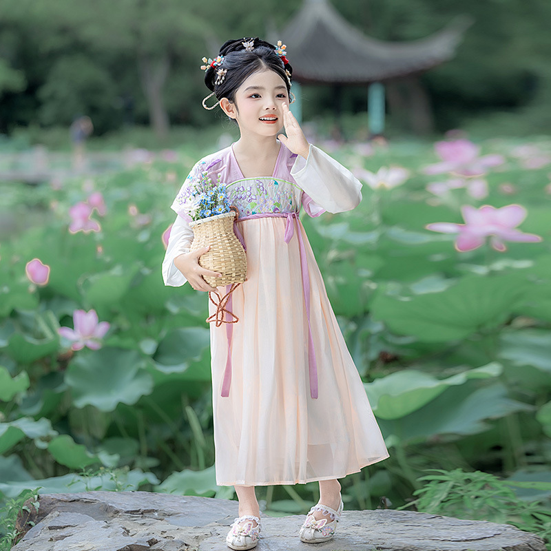 女童秋季新款长袖汉服连衣裙宝宝古风仙女襦裙儿童中国风演出服|undefined
