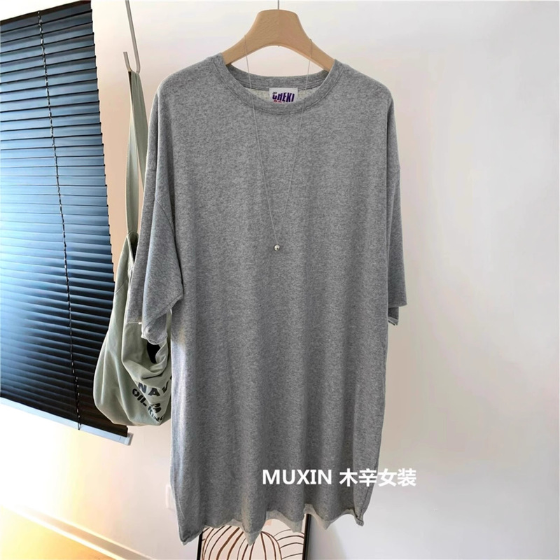 Korean Style Women's Hemp-Feel Cotton Raw Edge Loose Mid-Length Summer Thin Pure Color Retro T-Shirt Dress Short-Sleeved Ins