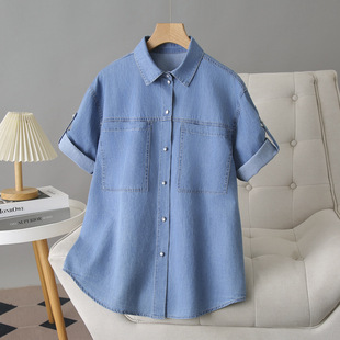 Plus Size Women's Denim Shirt Short-Sleeved Cardigan 2025 Summer Thin Sleeve Shirt Fat Girl Slim Jacket Shirt 005