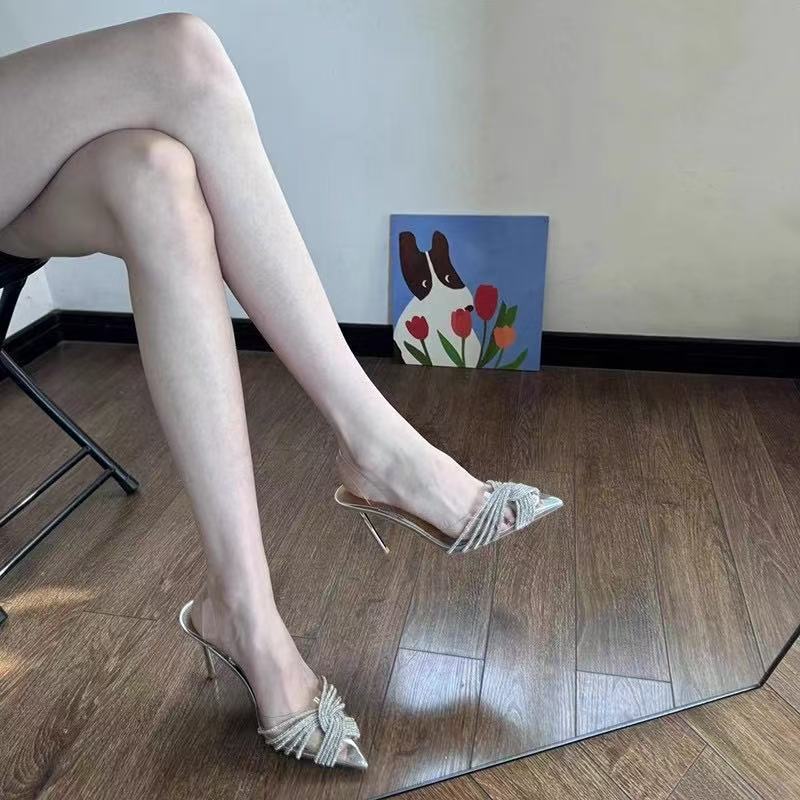 Transparent High-Heeled Shoes for Women, Stiletto Pointed Toe Rhinestone Sandals for Women, Summer Skirts, Half-Flop Toe Sandals, Gold Style Transparent High-Heeled Shoes for Women, Stiletto Pointed Toe Rhinestone Sandals for Women, Summer Skirts, Half-Flop Toe Sandals, Gold Style