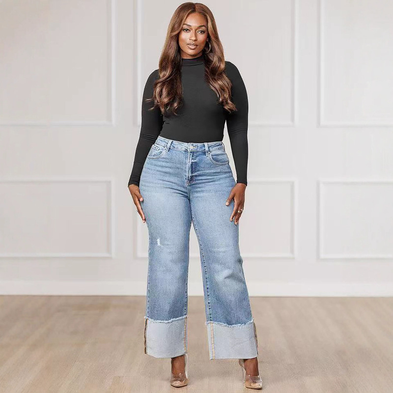 D6829 2025 Autumn and Winter New European and American Women's Solid Color Washed Jeans with Outer Folds and Hip-Covering Long Jeans in Stock D6829 2025 Autumn and Winter New European and American Women's Solid Color Washed Jeans with Outer Folds and Hip-Covering Long Jeans in Stock