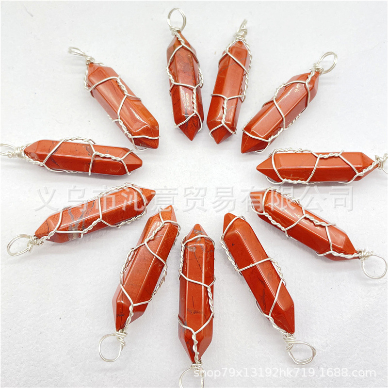 Comercio exterior caliente bobina hexagonal columna colgante collar de cristal natural hecho a mano de plata hilo bala joyería al por mayor