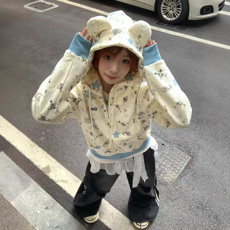 Original Cartoon Full-Print Stereo Ear Hooded Sweatshirt for Women in Autumn and Winter New Loose and Versatile Short Cardigan Jacket Original Cartoon Full-Print Stereo Ear Hooded Sweatshirt for Women in Autumn and Winter New Loose and Versatile Short Cardigan Jacket