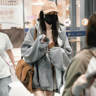 Yang Mi same style King gray glitter casual loose cotton men and women couple sweater sweatpants suit coat