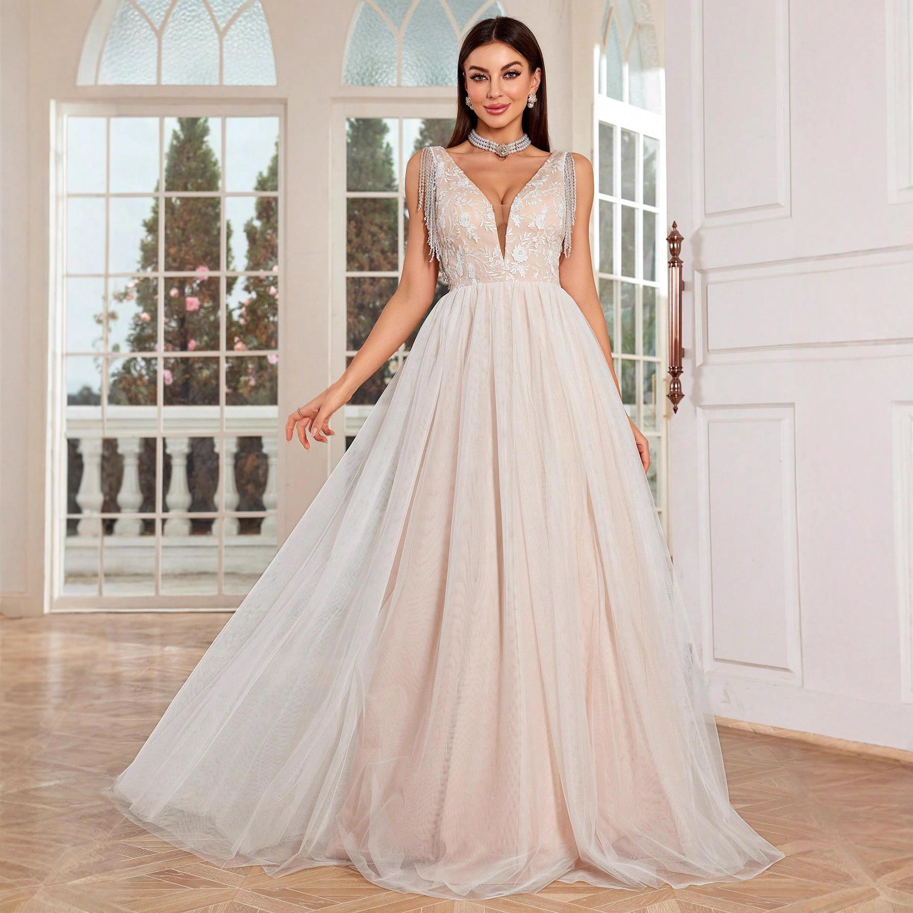 Amazon Double-Shoulder Deep V Neck Lace Long Dress for Going Out Light Wedding Dress Lawn Wedding Travel Photography Prom Party Evening Dress