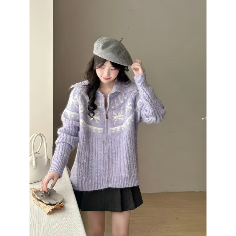 Alpaca Jacquard corteza suéter con cremallera chaqueta coreana gran solapa de pelusa sensación suave chaqueta glutinosa