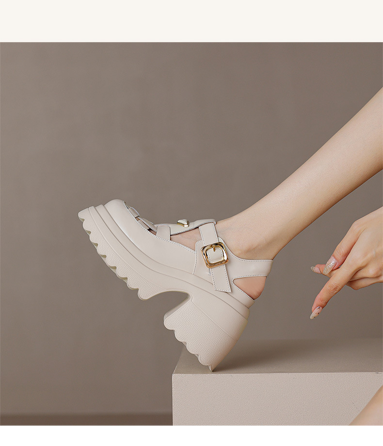 Sandal bít mũi đế độn cao 10cm phong cách La Mã dệt kim hở gót cho nữ — Màu be, Màu đen chi tiết 10