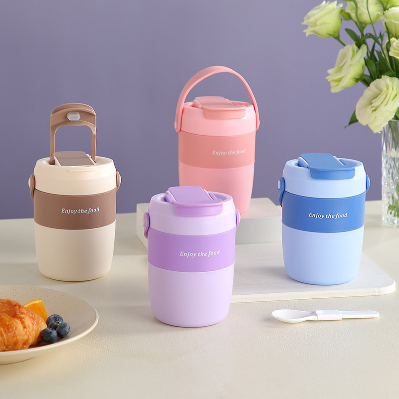 Plastic Sealed Soup Cup with Lid, Microwaveable Student Portable Breakfast Milk Cup with Tableware