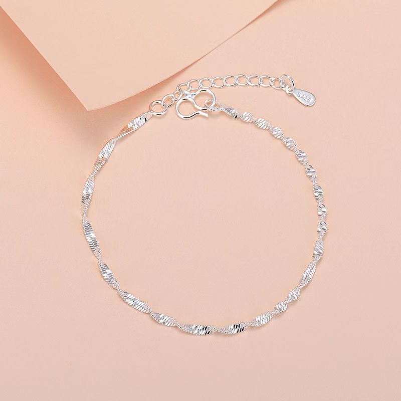 Commuting Fashion Water Wave Chain Silver-Plated Bracelet Anklet for Women Simple Elegant Corrugated Wave Plain Chain Hand and Foot Jewelry Holiday