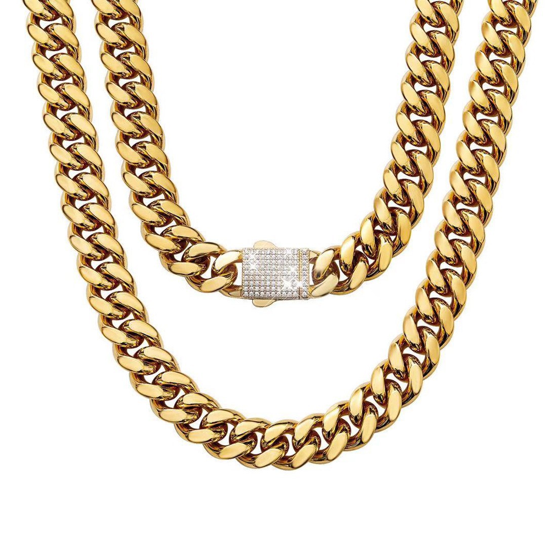 Spot One Piece Dropshipping Men's Gold Cuban Necklace White Zircon Micro Inlaid Lock Encryption Chain 6mm 14mm_voghion.com
