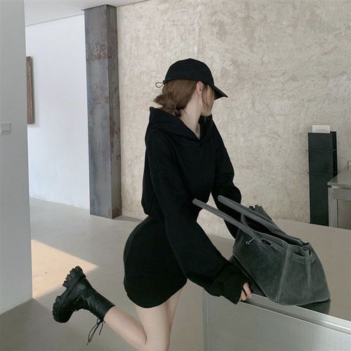 Slimming High-Waisted Bodycon Long-Sleeve French Style Hooded Dress for Women, 2024 Autumn New Short Skirt Iris Dress