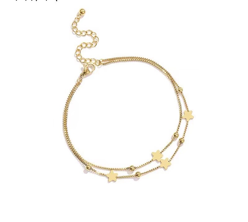 Estilo coreano tobillera de acero de titanio de las mujeres no se desvanece simple de doble capa de cinco puntas Estrella de oro rosa Mori elegante tobillera de tobillo de todos los partidos