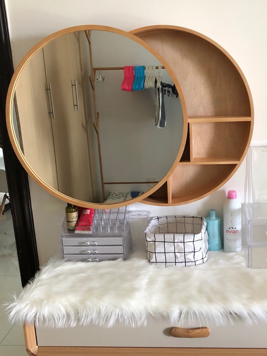 Sliding Mirror Cabinet Wall-Mounted Toilet Bathroom Sink Vanity Mirror with Light Defogging Bathroom Mirror Solid Wood Round