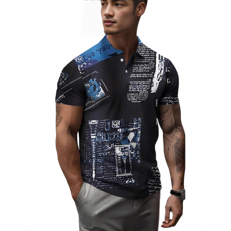 Cross-Border Men's Export New Digital Printing Casual Fashion Short-Sleeved Men's Lapel Button Polo Shirt