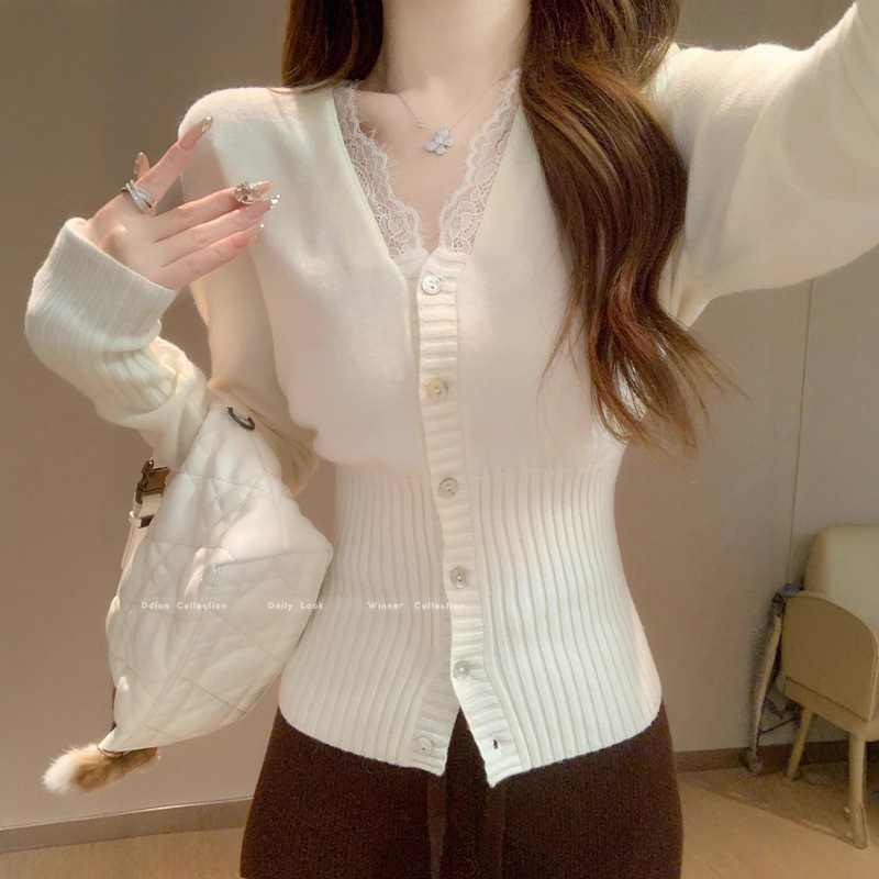 V-Neck Lace Splicing Sweater Bottoming Shirt for Women in Early Spring, Autumn and Winter, Pure Desire Inner Waist-Cinching Knitted Cardigan Top