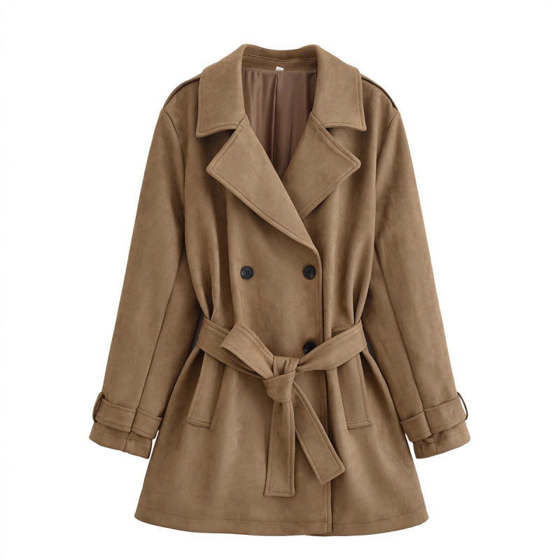 Foreign Trade Cross-Border Spot 2025 European and American Style Women's Autumn and Winter New Fashion Suede Belt Suit Collar Windbreaker Foreign Trade Cross-Border Spot 2025 European and American Style Women's Autumn and Winter New Fashion Suede Belt Suit Collar Windbreaker