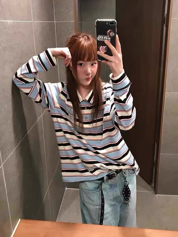 韩国小众潮牌25新款春秋aeae学院风条纹polo领长袖百搭T恤上衣女|undefined