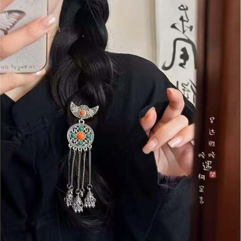 民族风治愈系闪钻珍珠名族风前额流苏边夹女个性刘海夹发卡发饰|undefined