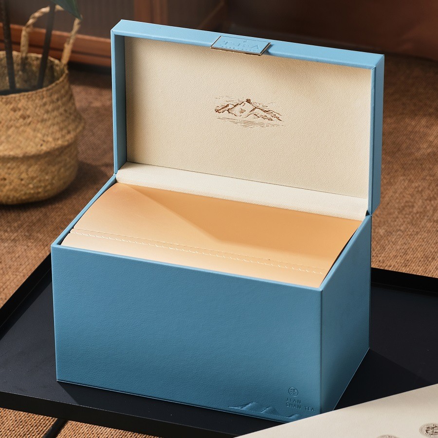 见山茶叶包装高档皮盒散茶大礼盒浅蓝米灰咖三色可选