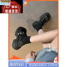 热销粗跟乐福鞋女2023年冬季新款时尚皮带扣洋气增高通勤小皮鞋