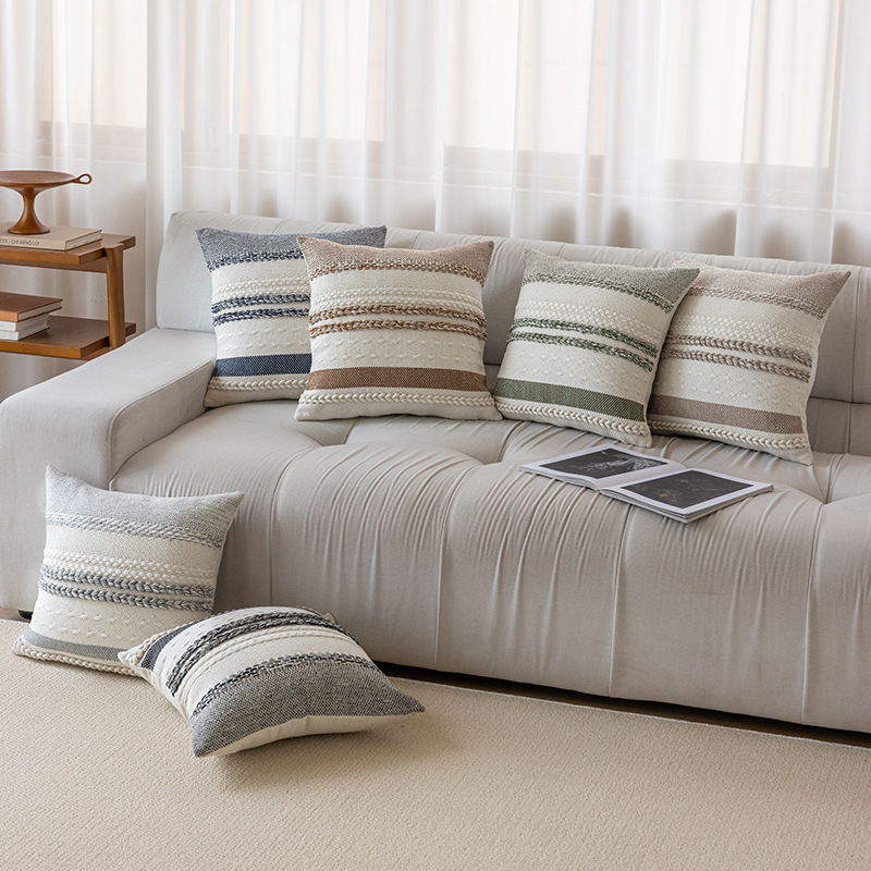 Ins Style Horizontal Stripe Small Braid Living Room Sofa Bedside Multi-use Household Car Striped Wave Dot Tassel Pillow Cushion