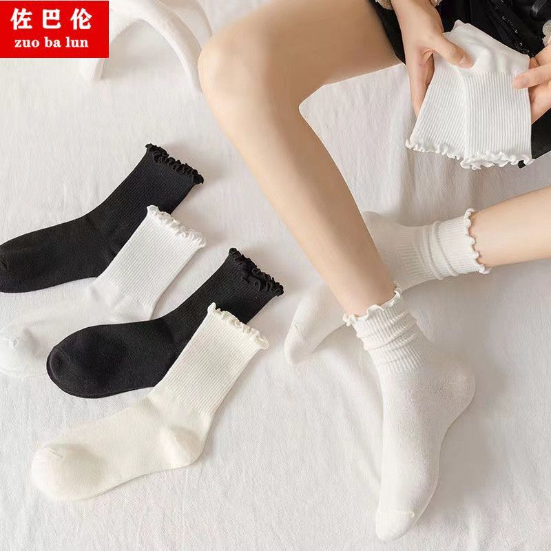Socks Women's Summer Korean Style Mid-length Socks White Lace jk Socks Spring and Autumn Wood-ear Stockings Japanese Style ins Fashionable Socks