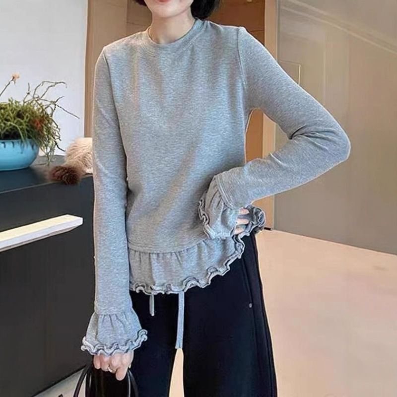 Plus-Size Pure Cotton Ruffled Multi-Layer Long-Sleeve T-Shirt for Spring and Autumn, New Style for Chubby Women, Super Stylish and Unique Inner Wear