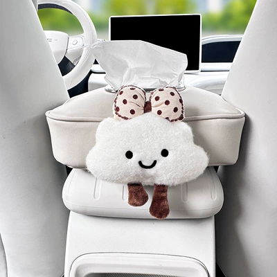 Suitable for Xingyuan Cute Car Car tissue box/set - polka-dot-bow-cloud-tabletop-leather-tissue-box-off-white