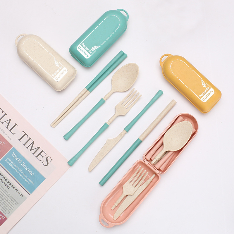 Amazon Small Foldable Wheat Straw Vertical Stripe Cutlery Set Student Portable Folding Knife, Fork, Spoon, Chopsticks, Straw Gift
