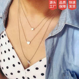 素琦爱心不锈钢珠链多层项链珍珠圆形吊坠颈链欧美风钛钢项链