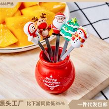 跨境圣诞卡通萌趣甜品叉子 家用可爱收纳罐套装不锈钢水果叉批发
