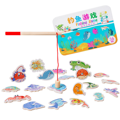 Wooden magnetic fishing toy—direct source supply for kids, an educational hands-on game with realistic design, packaged in a stylish iron box for babies.