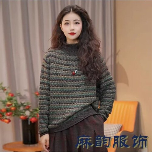 Live Streaming Bestselling Autumn/Winter New Fashion Trendy Color Block Striped Half-Neck Knit Sweater