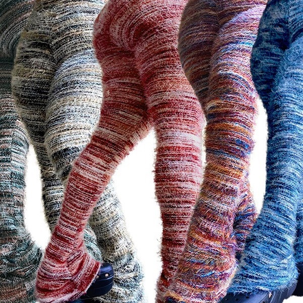 Hr23113 European and American Fashion Women's Colorful Striped Plush Personality Furry Pants Slouchy Pants