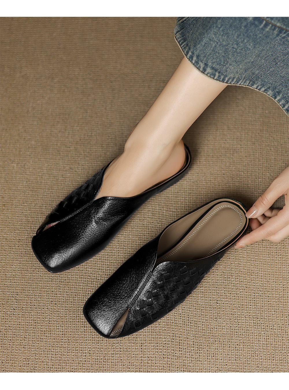 Dép sandal nữ da dê mũi kín đế xuồng bệt dệt — đen chi tiết 14