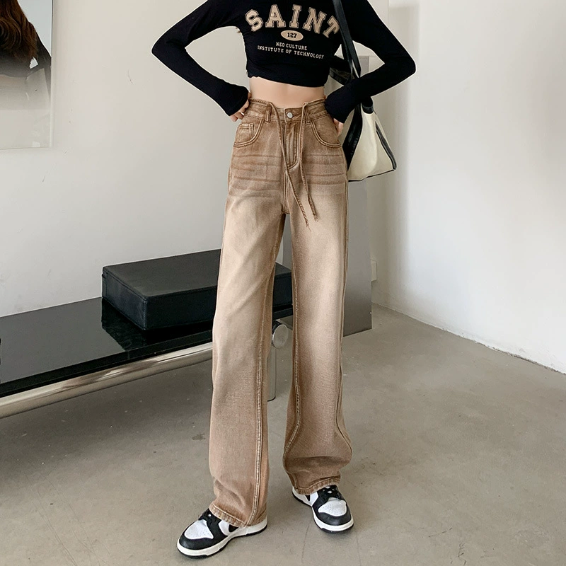 Широкие джинсы женские весенние 2023 новый дизайн чувство высокой талии ретро свободные тонкие прямые брюки
