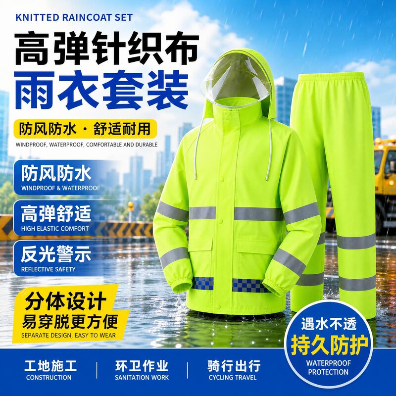 Thickened knitted fabric raincoat and rain pants two-piece waterproof suit for outdoor construction sites, sanitation workers, delivery personnel, flood prevention, and labor protection Thickened knitted fabric raincoat and rain pants two-piece waterproof suit for outdoor construction sites, sanitation workers, delivery personnel, flood prevention, and labor protection