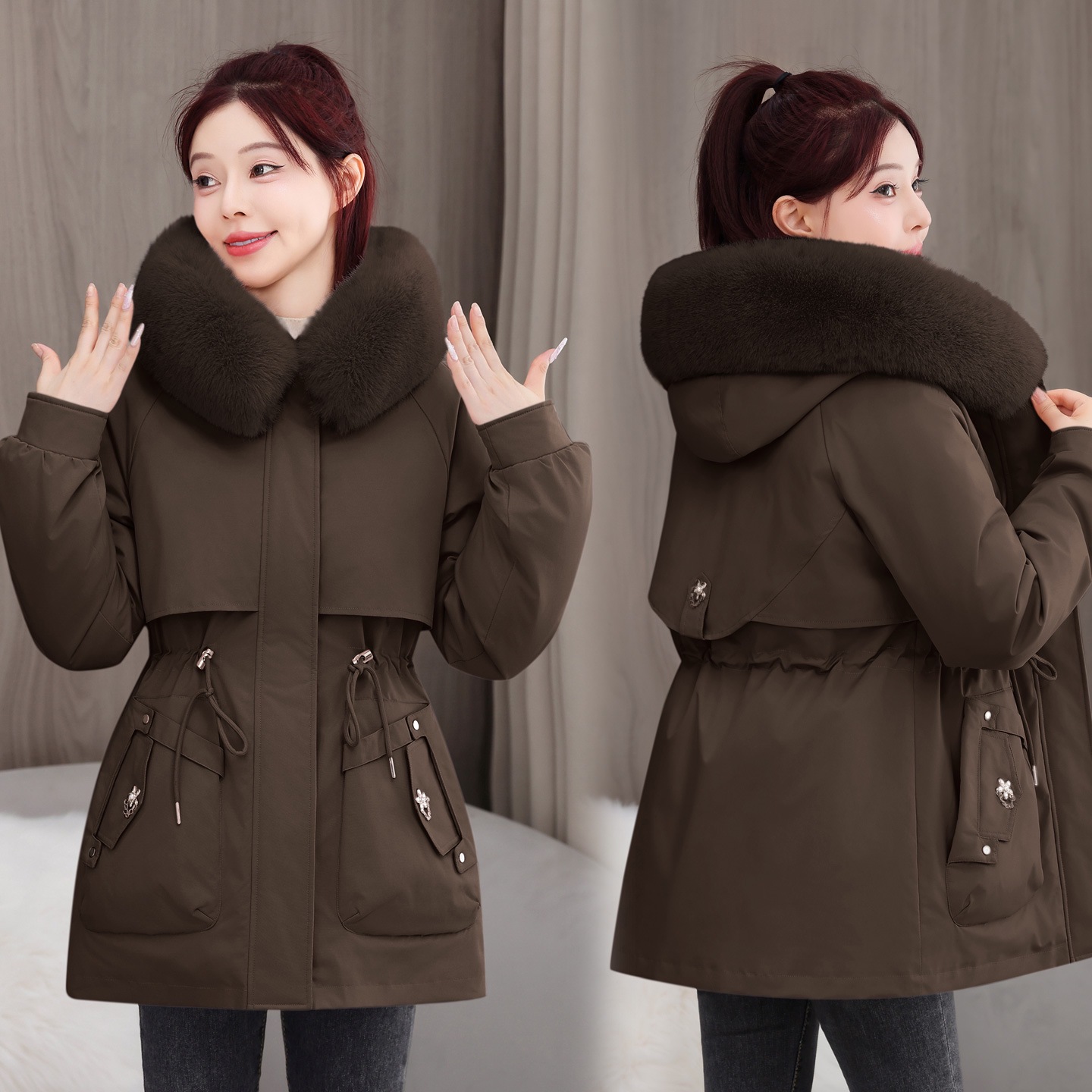 American Style Three Wear Over Peak desmontable ropa de algodón de invierno de mujeres cuello de cabello coreano medio largo chaqueta de algodón gruesa suelta image 4