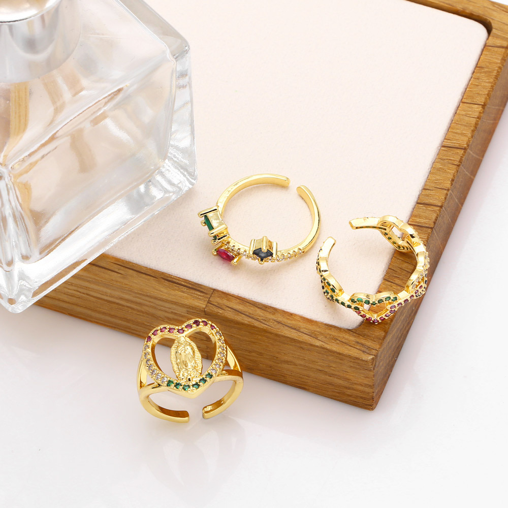 Color zircon hollow heart-shaped fashion ring copper