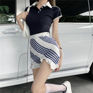 Summer Golf Clothing Women's POLO Collar Colorblock Casual Top Lotus Leaf Border Light Lining Short Culottes
