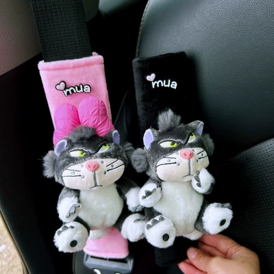 Car Seat Belt Shoulder Cover Women's Cute Pink Plush Lucifer Cat Anti-Ripper Neck Safety Belt Car Interior Decoration (Sürətlər qutusu və əl tormozu başlıqları) - 1-pair-of-couple-models-pink-bow-black-lucy-cat