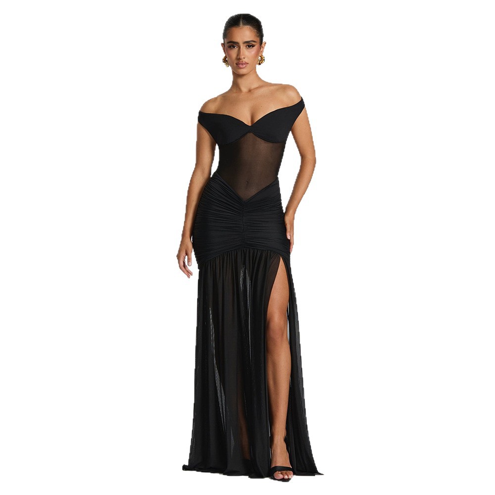 Transfronterizos Europa y Estados Unidos otoño 2025 nuevo estilo de moda para limpiar el pecho de espalda sexy malla plegado abierto vestido de cadera
