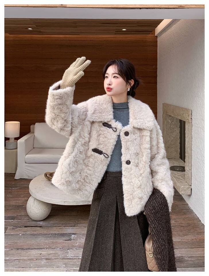 Áo khoác ngắn nữ lông cừu giả lót lông dày giữ ấm thời trang — Sữa hạnh nhân chi tiết 18