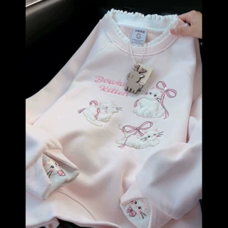 甜美少女感猫咪重工刺绣圆领卫衣女秋冬加绒加厚宽松减龄百搭上衣