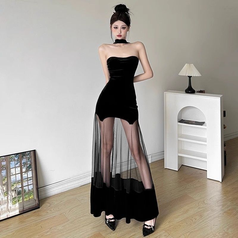 Hepburn Spice Girl Mesh Design Solid Color Velvet dress Women's Pure Desire Birthday Party Dress Slimming dress Hepburn Spice Girl Mesh Design Solid Color Velvet dress Women's Pure Desire Birthday Party Dress Slimming dress