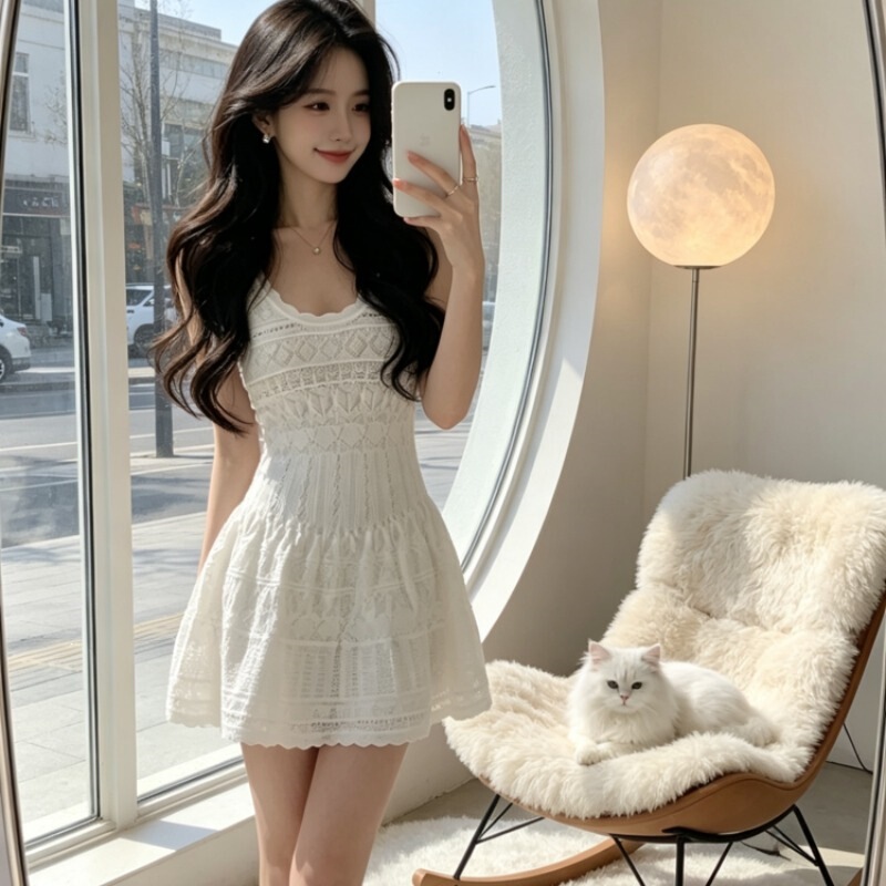 Shuhulei First Love Little White Flower Pure Desire Style Knitted Hollow Out Sleeveless Dress Short Waist-Cinching Slim Fit A-Line Dress