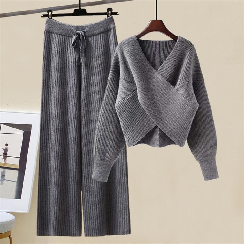 Women's Clothing Outfit With High Gentle Sweater Knitted Wide Leg Pants Suit Goddess Two Piece Suit_voghion.com