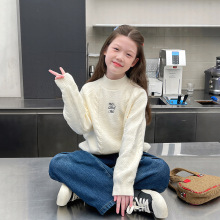 加厚女童高领白毛衣儿童洋气宽松针织衫大童上衣女孩2025冬装新款