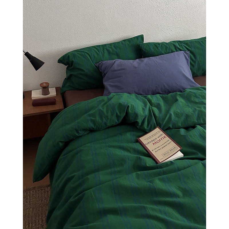 Vintage-style Retro Striped Cotton Bedding Set Blue And Green_voghion.com
