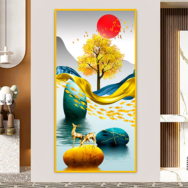Pintura de entrada de pintura tradicional china Pintura de decoración del pasillo frente a la puerta Pasillo de nueve peces Pintura colgante de fondo de lujo ligero Pintura mural